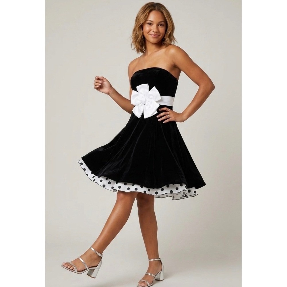VTG En Francais Huey Waltzer 8 Black Velvet Strapless Bow Dress Polka Dot USA